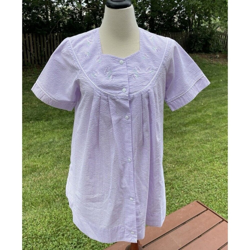 Miss Elaine Nightgown Purple Stripe Seersucker Knee Length Floral Grannycore